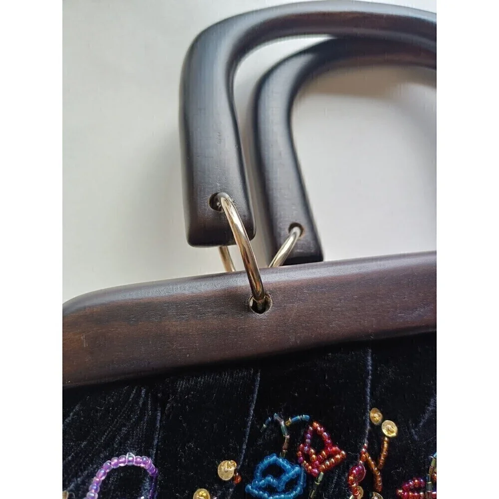 Vintage Style Satchel Purse Wood Handle Black & Multi Colored Beaded Hand Sewn